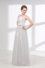 Dress Short, Tulle & Satin Strapless Neckline A-line Bridesmaid Dresses With Bowknot