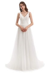 Wedding Dresses Sales, Tulle Lace V-neck Backless Wedding Dresses