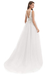 Wedding Dress 2030, Tulle V-neck Backless Appliques Wedding Dresses