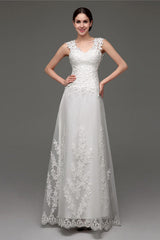 Wedding Dress With Long Sleeves, Tulle V-neck Illusion Back Wedding Dresses With Lace Bodice