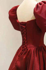 Winter Dress, Burgundy A Line Long Prom Dress with Short Sleeves, New Party Gown