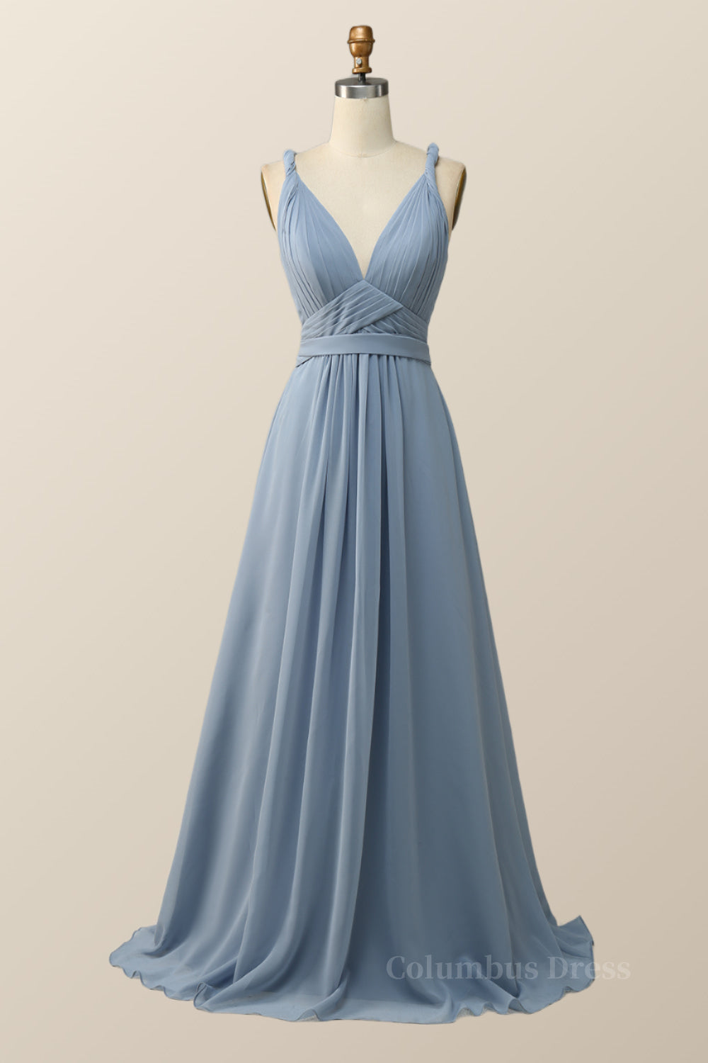 Prom Dress Styling Hair, Twisted Straps Blue Chiffon A-line Long Bridesmaid Dress