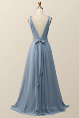 Prom Dress Emerald Green, Twisted Straps Blue Chiffon A-line Long Bridesmaid Dress
