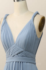 Prom Dress Modest, Twisted Straps Blue Chiffon A-line Long Bridesmaid Dress