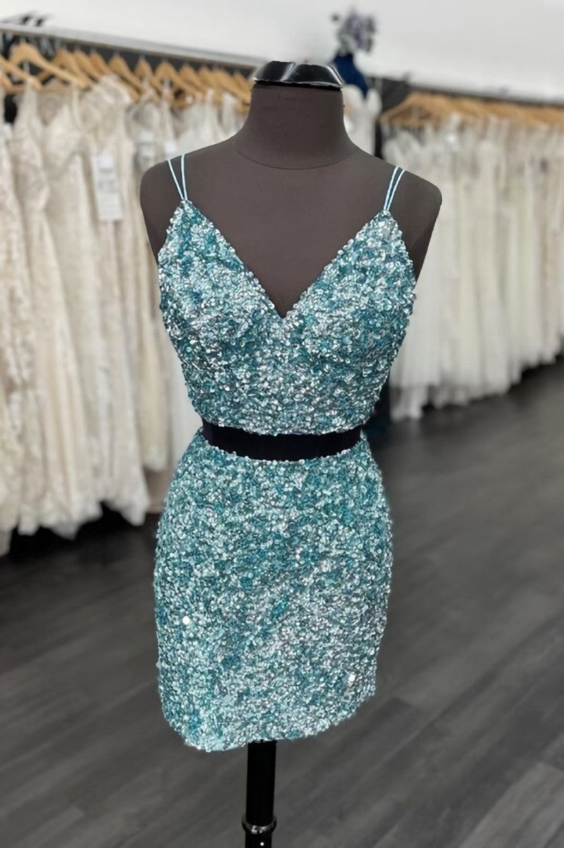 Prom Dresses 2033, Two Piece Blue Sequins Tight Homecoming Dresses,Sparkly Cocktail Party Dress