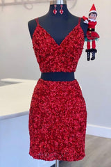 Prom Dress Classy, Two Piece Red Sequined Homecoming Dress, V-neck Tight Party Dress,Short Prom Dresses