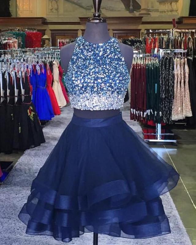 Prom Dress With Sleeve, Two Piece Ruffles Ball Gown Homecoming Dresses,Navy Blue Semi Formal Dress