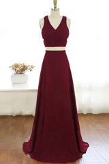 Prom Dress Trends For The Season, Two Piece V Neck Long Burgundy Prom Dress Evening Dresses