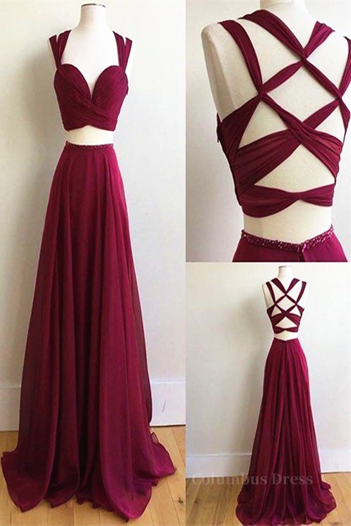 Prom Dress Pink, Two Pieces Burgundy Chiffon Long Prom Dresses, 2 Pieces Wine Red Long Formal Evening Dresses