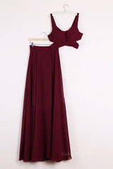 Formal Attire, Two Pieces Burgundy Long Prom Dresses, Dark Wine Red 2 Pieces Long Formal Bridesmaid Dresses