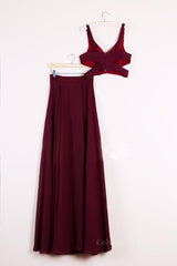 Party Dress Code Man, Two Pieces Burgundy Long Prom Dresses, Dark Wine Red 2 Pieces Long Formal Bridesmaid Dresses