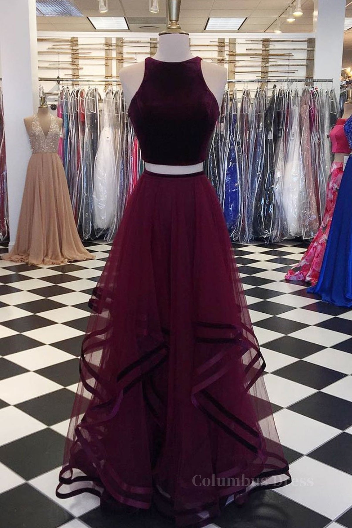 Dress Aesthetic, Two Pieces Maroon Long Prom Dress, Dark Burgundy 2 Pieces Formal Evening Dresses