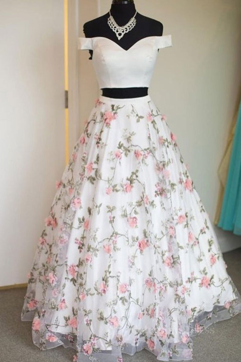 Evening Dress Elegant Classy, Two Pieces Off The Shoulder Lace Floral White Prom Dresses, Off Shoulder White Formal Dresses, Two Pieces White Evening Dresses