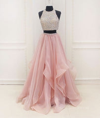 Bridesmaid Dress Online, Two Pieces Round Neck Sequins Long Pink Prom Dresses, Pink Evening Dresses
