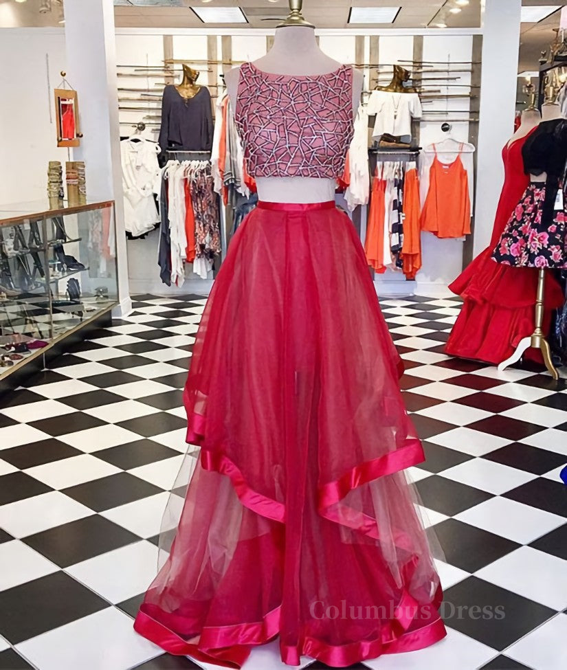 Bridesmaid Dresses Color Scheme, Two Pieces Sequin Round Neck Tulle Long Red Prom Dresses, Red Evening Dresses
