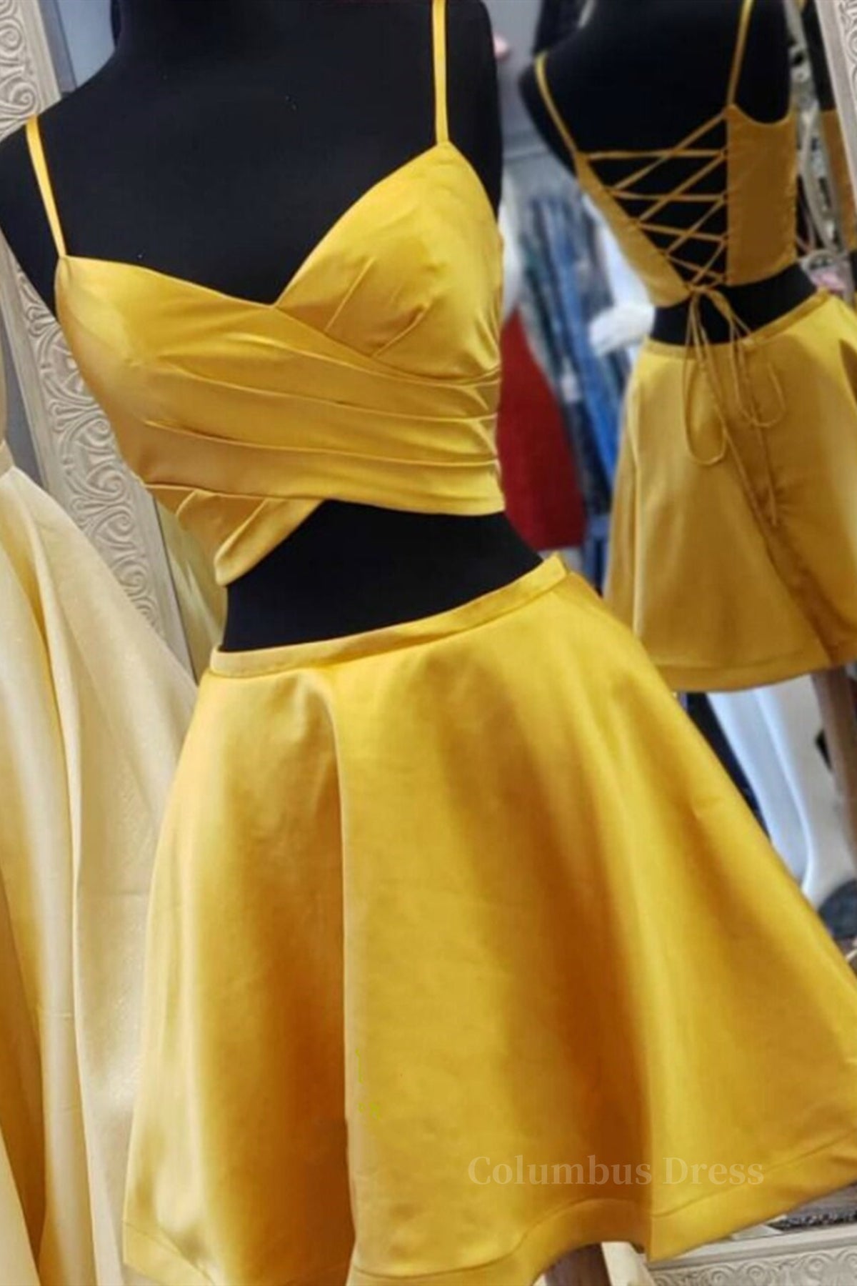 Formal Dresses Australia, Two Pieces Short Yellow Prom Dresses, Short Yellow 2 Pieces Formal Homecoming Dresses