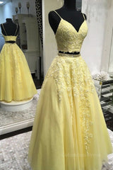 Elegant Dress Classy, Two Pieces V Neck Yellow Lace Long Prom Dresses, 2 Pieces Yellow Formal Dresses, Yellow Lace Evening Dresses
