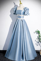 Prom Dresses Tight Fitting, Unique Blue Satin Long Prom Dress, A-Line Short Sleeve Blue Evening Dress