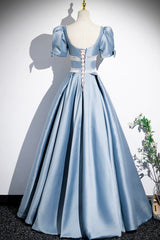 Prom Dresses 2030 Black, Unique Blue Satin Long Prom Dress, A-Line Short Sleeve Blue Evening Dress