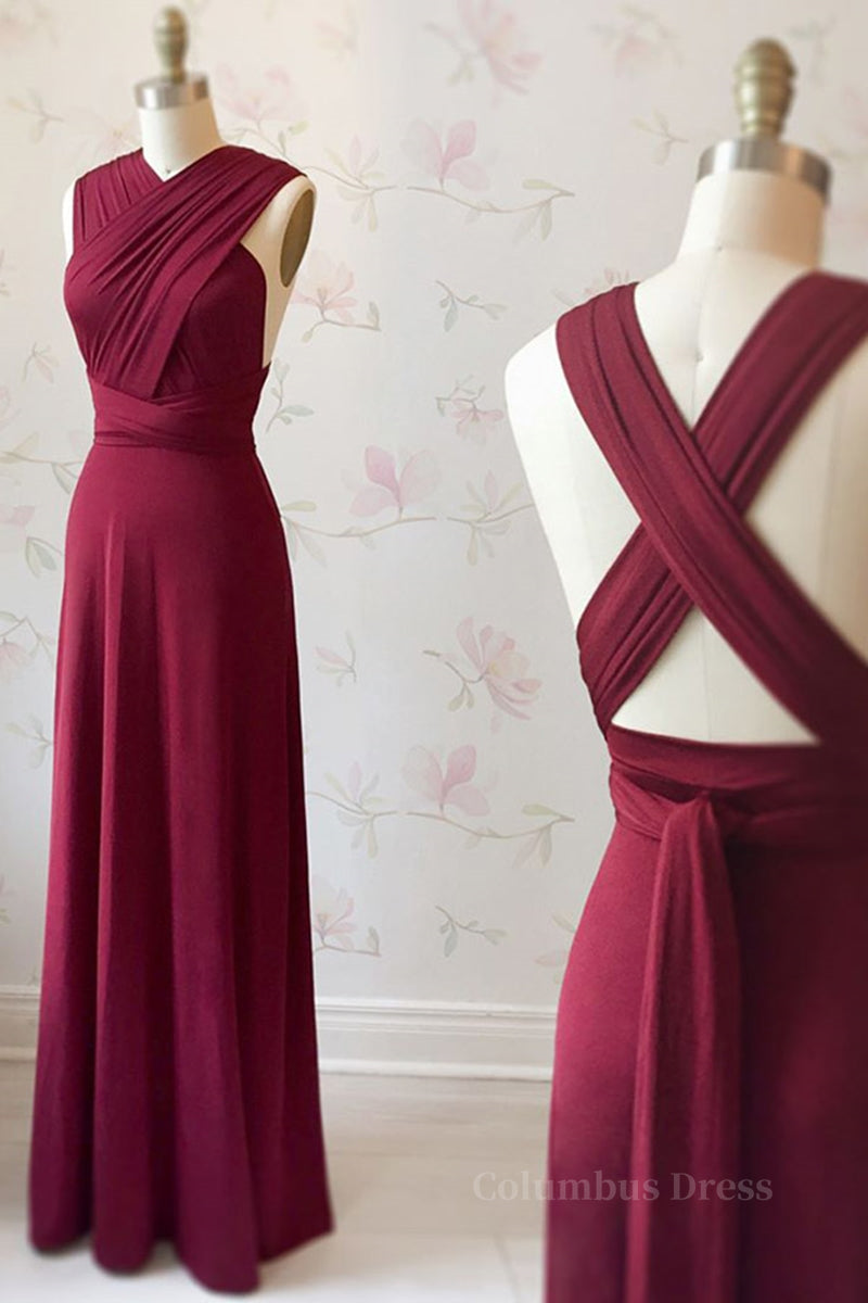 Bridesmaid Gown, Unique Burgundy Long Prom Dress with Cross Back, Burgundy Formal Graduation Evening Dress, Burgundy Bridesmaid Dress