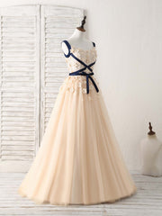 Bridesmaids Dress Designers, Unique Champagne Lace Tulle Long Prom Dress, Champagne Evening