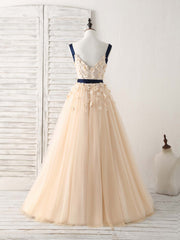 Bridesmaids Dress Designs, Unique Champagne Lace Tulle Long Prom Dress, Champagne Evening