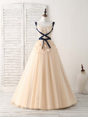 Bridesmaid Dress Designers, Unique Champagne Lace Tulle Long Prom Dress, Champagne Evening