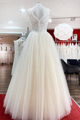 Weddings Dress Lace, Unique Ivory Long Princess V-neck Tulle Lace Wedding Dress