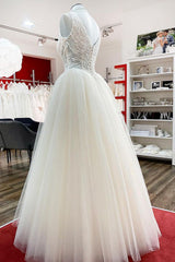 Wedding Dresse Lace, Unique Ivory Long Princess V-neck Tulle Lace Wedding Dress