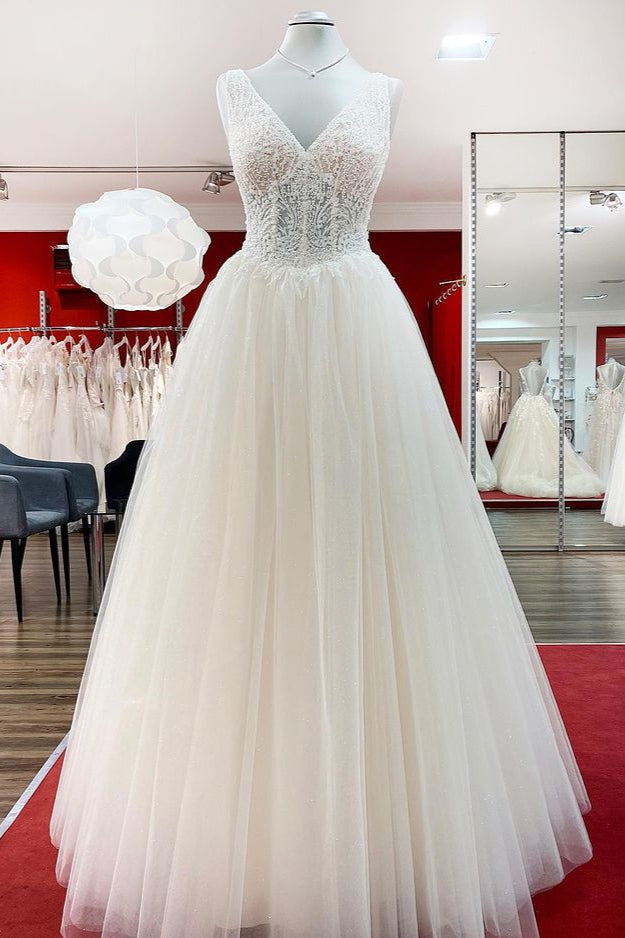 Wed Dress Lace, Unique Ivory Long Princess V-neck Tulle Lace Wedding Dress