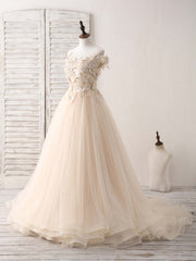Bridesmaid Dresses Blush Pink, Unique  Lace Applique Tulle Long Champagne Prom Dresses Sweet 16 Dress