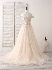 Elegant Wedding Dress, Unique  Lace Applique Tulle Long Champagne Prom Dresses Sweet 16 Dress