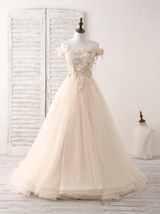 Bridesmaid Dress Blush Pink, Unique  Lace Applique Tulle Long Champagne Prom Dresses Sweet 16 Dress