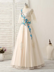 Sparklie Dress, Unique Lace Applique Tulle Long Prom Dress Light Champagne Bridesmaid Dress