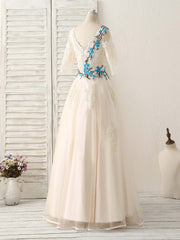 Party Dress Halter Neck, Unique Lace Applique Tulle Long Prom Dress Light Champagne Bridesmaid Dress