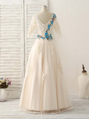 Party Dresses Halter Neck, Unique Lace Applique Tulle Long Prom Dress Light Champagne Bridesmaid Dress