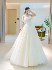 Wedding Dress Couture, Unique Light Champagne Tulle Long Prom Dress, Tulle Formal Wedding Party Dress