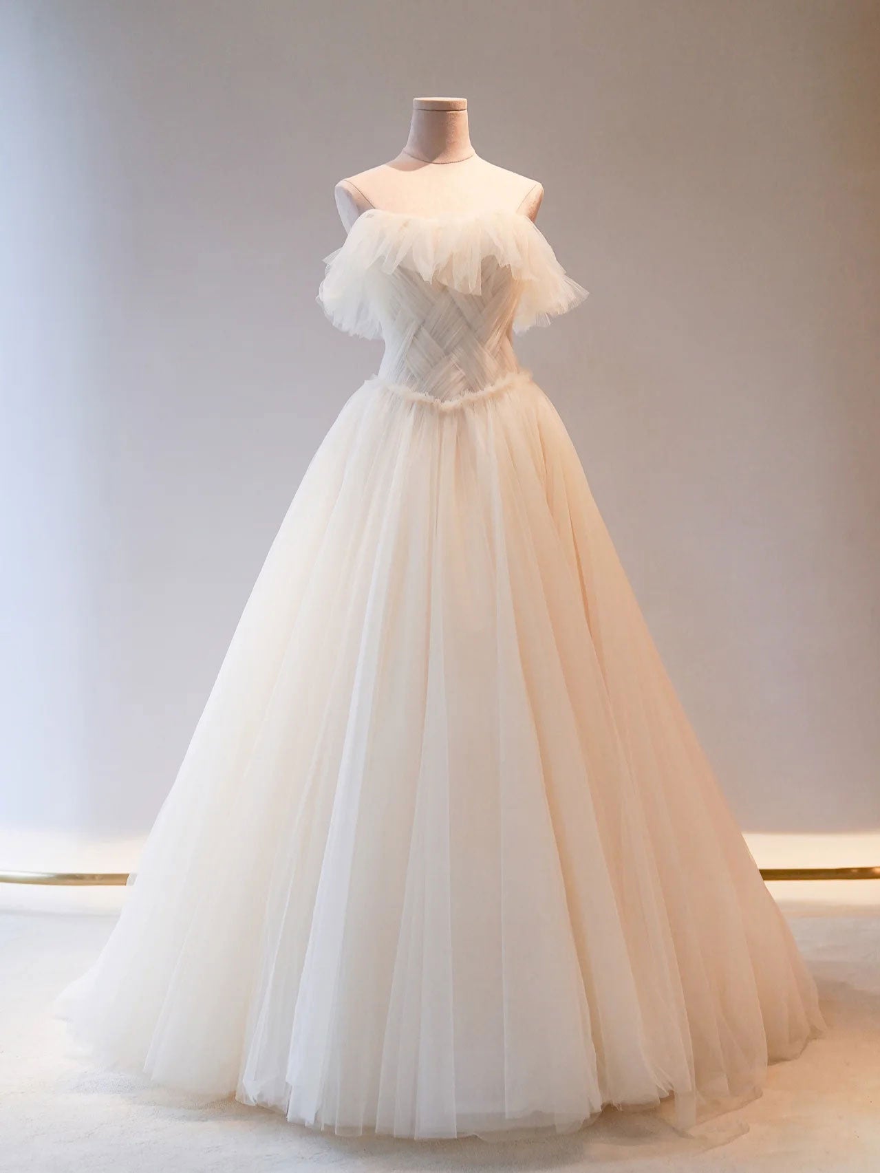 Wedding Dress Country, Unique Light Champagne Tulle Long Prom Dress, Tulle Formal Wedding Party Dress