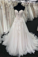 Wedding Dress Rustic, Unique Long A-line Lace Sweetheart Tulle Wedding Dress