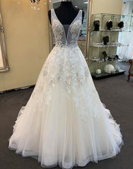 Wedding Dress Shape, Unique Long A-line Tulle V Neck Beaded Lace Wedding Dress