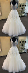 Wedding Dress Shapes, Unique Long A-line Tulle V Neck Beaded Lace Wedding Dress