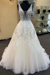 Wedding Dresses Shapes, Unique Long A-line Tulle V Neck Beaded Lace Wedding Dress