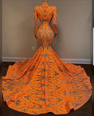 Bridesmaid Dresses Gold, Unique Orange Long Sleeves Mermaid Prom Dress Sequins