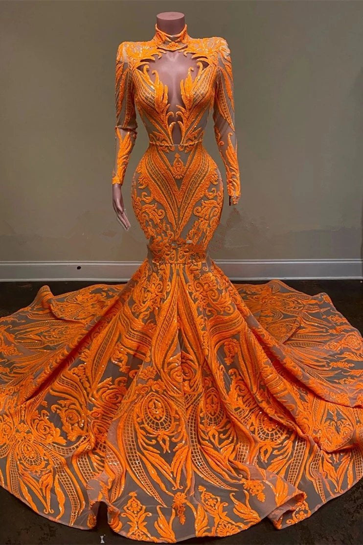 Bridesmaids Dresses Gold, Unique Orange Long Sleeves Mermaid Prom Dress Sequins