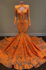 Bridesmaids Dresses Gold, Unique Orange Long Sleeves Mermaid Prom Dress Sequins
