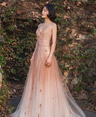 Prom Dresses Sleeves, Unique Pink Tulle Long Prom Dress, Tulle Pink Evening Dress