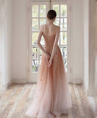 Prom Dresses Sleeve, Unique Pink Tulle Long Prom Dress, Tulle Pink Evening Dress
