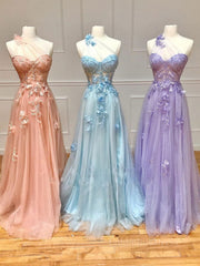 Prom Dresses Sleeves, Unique sweetheart neck tulle lace long prom dress A line evening dress