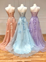 Prom Dresses Sleeve, Unique sweetheart neck tulle lace long prom dress A line evening dress