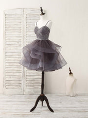 Party Dress Black And Gold, Unique Sweetheart Tulle Beads Short Prom Dress Cute Homecoming Dress